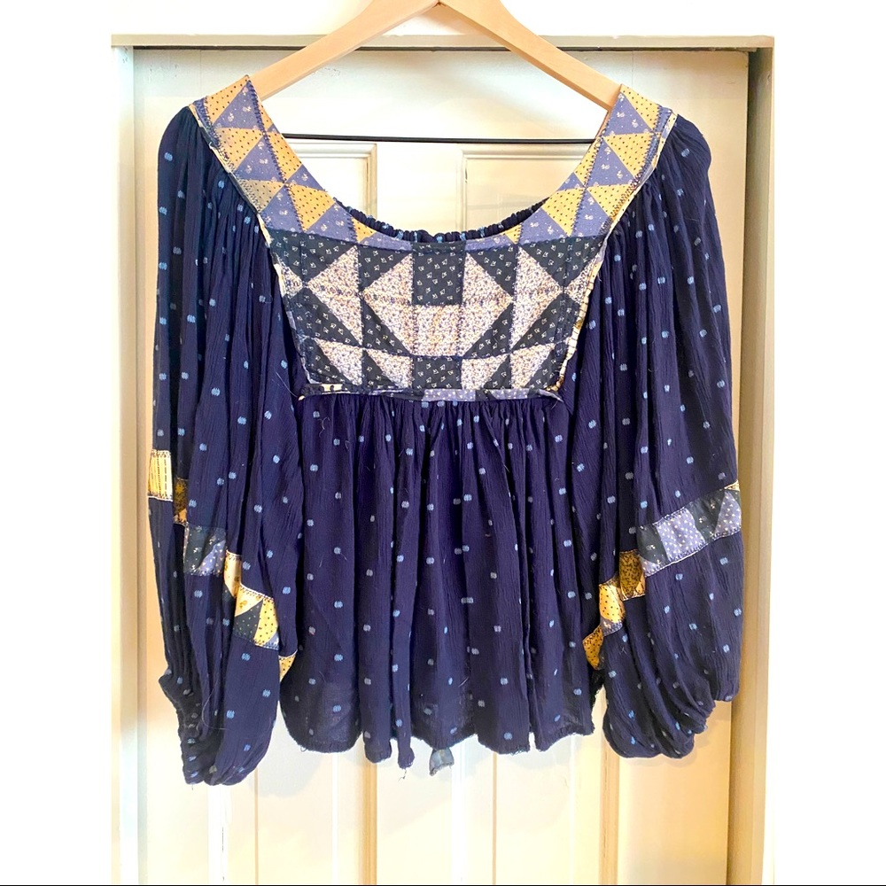 Free People navy patchwork peasant blouse, size S